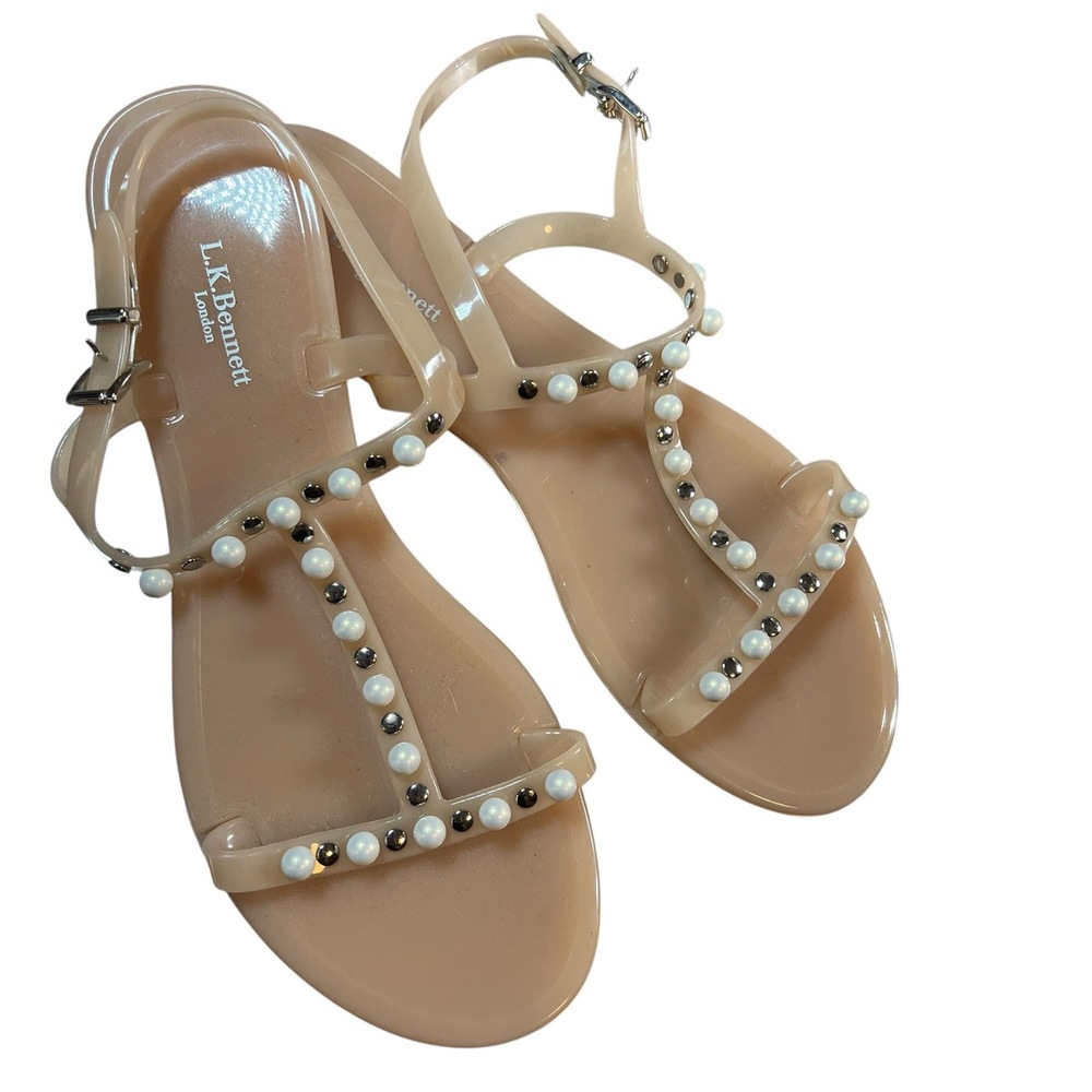 L.K. Bennett Jelly Sandals Nude Pearl Embellishments Ankle Strap Women Size 39